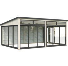 Freistehendes Gartenhaus mit Schiebetüren aus Holz und Glas