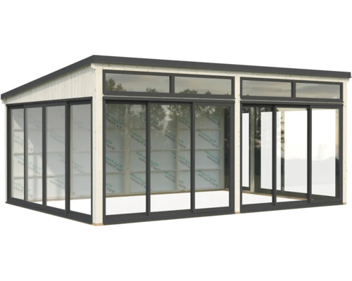 Freistehendes Gartenhaus mit Schiebetüren aus Holz und Glas