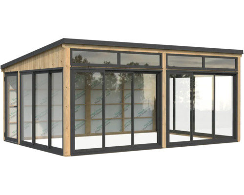 Maison de jardin en bois avec portes coulissantes en verre et fenêtres