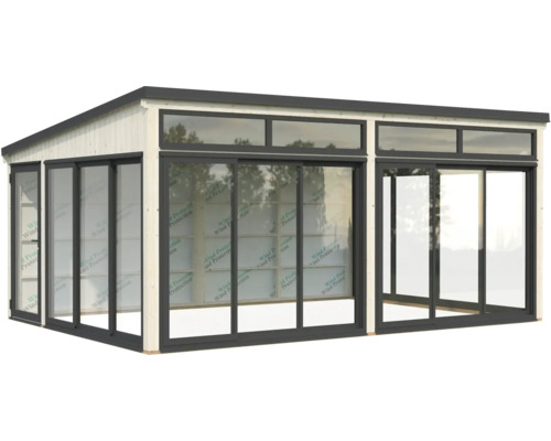 Maison de jardin en bois avec façade en verre et portes coulissantes