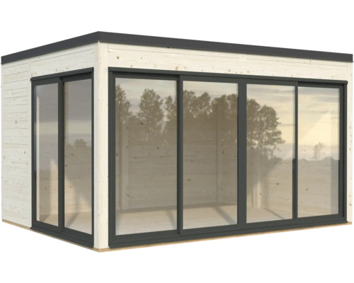 Abri de jardin moderne avec portes coulissantes et façade en bois