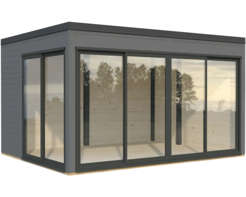 Pavillon de jardin moderne avec de grandes portes coulissantes en verre pour beaucoup de lumière naturelle