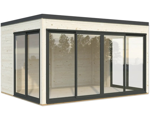 Abri de jardin moderne en bois avec portes coulissantes en verre