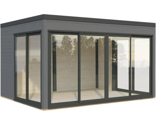 Abri de jardin gris avec portes coulissantes en verre