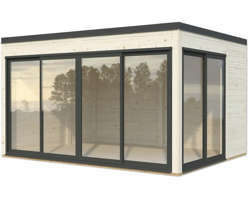 Abri de jardin avec façade en bois et porte coulissante