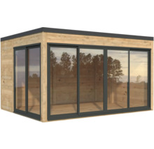 Gartenhaus aus Holz mit Glasschiebetüren