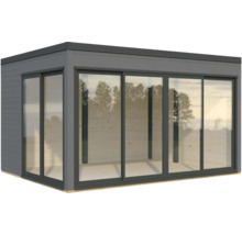 Abri de jardin avec portes coulissantes et façade en verre