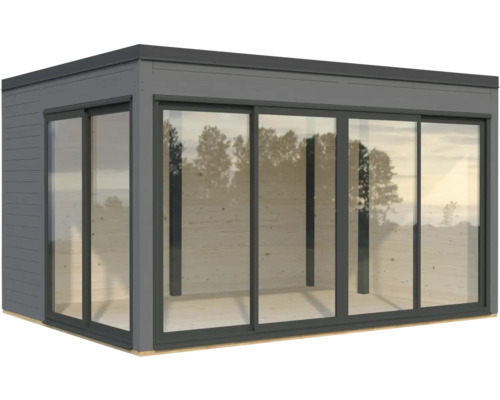 Abri de jardin avec portes coulissantes et façade en verre