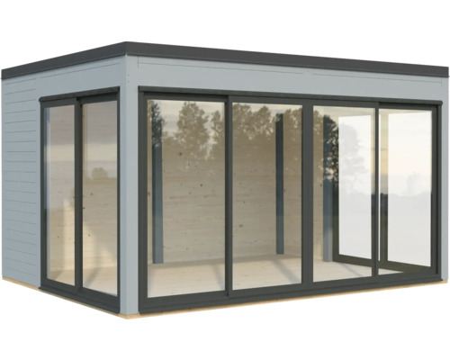 Abri de jardin moderne avec portes coulissantes et grandes baies vitrées pour une lumière naturelle abondante