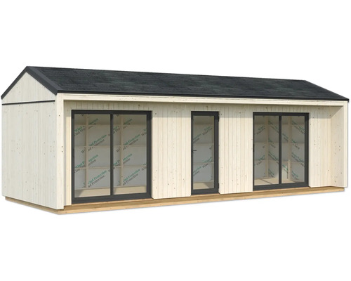 Modernes Gartenhaus mit Flachdach, Fenstern und Tür.