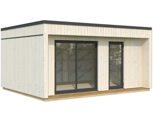 Modernes Gartenhaus mit Schiebetür und Eingangstür aus Holz