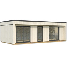 Modernes Gartenhaus aus Holz mit großen Fenstern und Tür