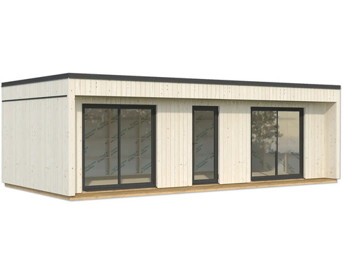 Modernes Gartenhaus aus Holz mit großen Fenstern und Tür