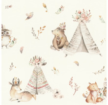 Papier peint avec des motifs d'animaux, notamment des ours, des renards, des cerfs, des hiboux et des tipis