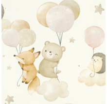 Illustration de renard, ours et hérisson accrochés à des ballons et des nuages