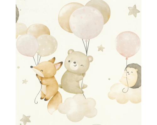 Illustration de renard, ours et hérisson accrochés à des ballons et des nuages