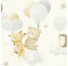Illustration d'un renard, d'un ours et d'un hérisson accrochés à des ballons et des nuages