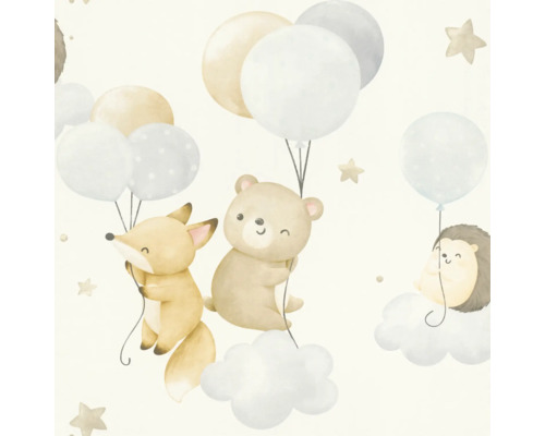 Illustration d'un renard, d'un ours et d'un hérisson accrochés à des ballons et des nuages
