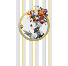 Panneau mural décoratif avec motif floral de femme dans un cercle doré sur fond rayé