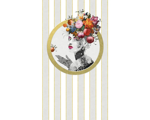 Panneau mural décoratif avec motif floral de femme dans un cercle doré sur fond rayé