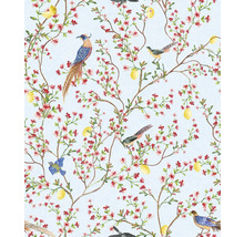 Papier peint avec motif d'oiseaux, de citrons et de fleurs
