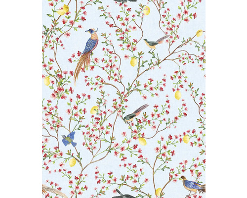 Papier peint avec motif d'oiseaux, de citrons et de fleurs