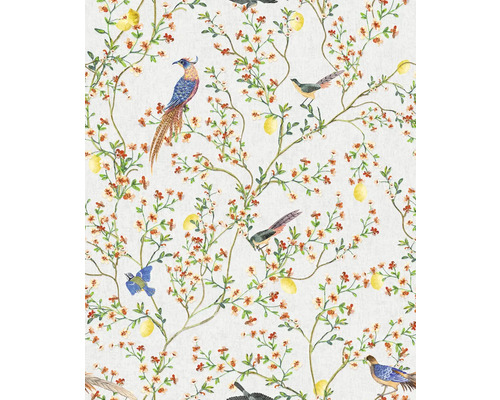 Papier peint à motifs floraux, branches, citrons et oiseaux
