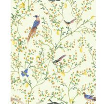 Papier peint avec motif d'oiseaux, de fleurs et de citrons