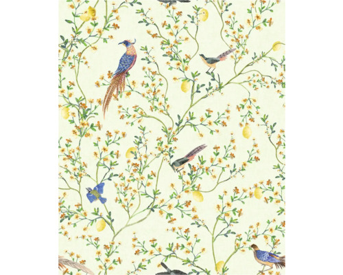 Papier peint avec motif d'oiseaux, de fleurs et de citrons