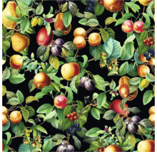 Motif avec différents fruits et feuilles sur fond noir