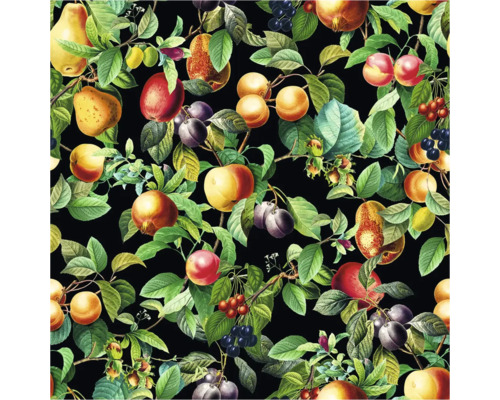 Motif avec différents fruits et feuilles sur fond noir