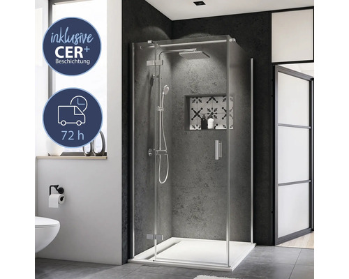 Porte de douche pour paroi latérale avec porte pivotante BREUER Panorama Express Q72 90 cm couleur du profilé chrome décor de vitre verre transparent avec verre antitache butée de porte à gauche Salle de bains élégante avec cabine de douche, robinetterie et compartiment de rangement