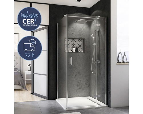 Drehtür für Seitenwand BREUER Panorama Express Q72 90 cm Anschlag rechts Klarglas Profilfarbe chrom Duschkabine mit Duschtasse und CER Plus Beschichtung