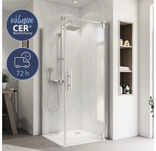 Duschkabine mit CER Plus Beschichtung und 72 Stunden Liefersymbol in einem modernen Badezimmer.