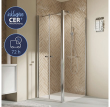 Cabine de douche d'angle avec deux portes pivotantes et revêtement CER Plus dans la salle de bain