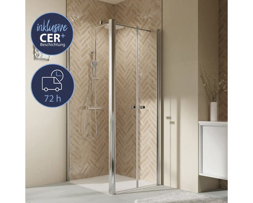 Seitenwand für Pendeltür BREUER Elana 2.0 Express Q72 80 x 200 cm Profil silber Klarglas schmutzabweisende Glasbeschichtung Seitenwandanschlag links Duschkabine mit Schiebetür in einem Badezimmer