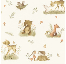 Papier peint avec motif d'animaux forestiers, comprenant des ours, des renards, des cerfs et des écureuils