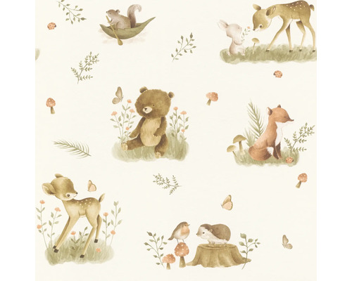 Papier peint avec motif d'animaux forestiers, comprenant des ours, des renards, des cerfs et des écureuils