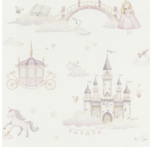 Papier peint avec des motifs de contes de fées tels que château, carrosse, licorne et princesse.