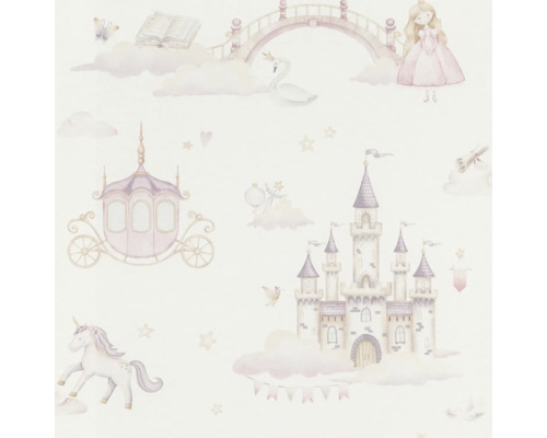 Papier peint avec des motifs de contes de fées tels que château, carrosse, licorne et princesse.