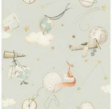 Papier peint avec globe, avion, lune, étoiles et motif de renard