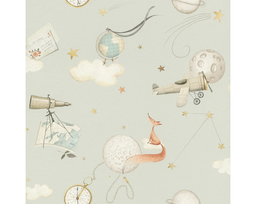 Papier peint avec globe, avion, lune, étoiles et motif de renard