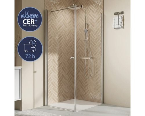 Duschtür für Seitenwand mit Drehtür BREUER Elana 2.0 Express Q72 90 x 200 cm Profil chrom Klarglas schmutzabweisende Glasbeschichtung Türanschlag links Duschkabine mit CER Plus Beschichtung und Lieferzeit von 72 Stunden