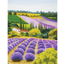 Peinture d'un paysage avec des champs de lavande et une maison