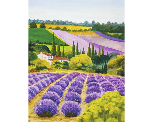 Peinture d'un paysage avec des champs de lavande et une maison