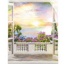 Papier peint photo représentant une porte ouverte donnant sur un balcon fleuri au coucher du soleil