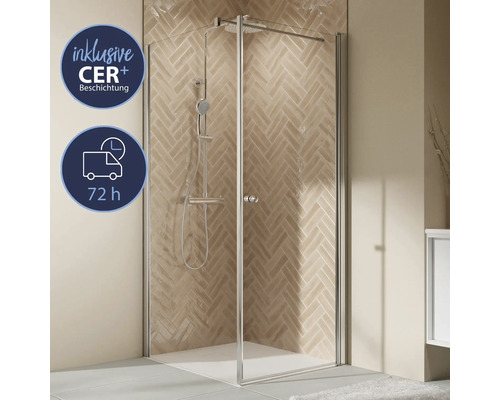 Seitenwand für Drehtür BREUER Elana 2.0 Express Q72 90 x 200 cm Profil silber Klarglas schmutzabweisende Glasbeschichtung Seitenwandanschlag links Duschkabine mit CER+ Beschichtung und 72 Stunden Lieferzeit