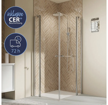 Eckdusche mit Duscharmatur und Handtuchhalter im Badezimmer