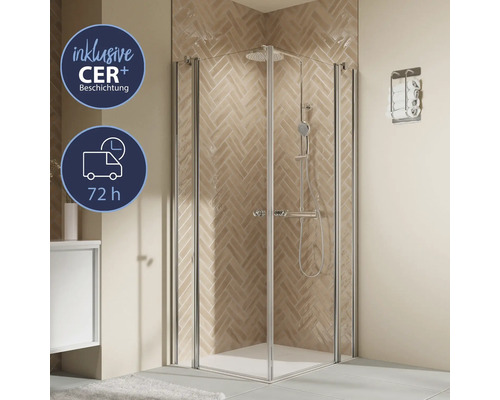 Douche accès d'angle avec porte pivotante BREUER Elana 2.0 Express Q72 90 x 90 x 200 cm profilé chrome verre transparent revêtement en verre résistant à la saleté Cabine de douche d'angle avec robinetterie de douche et porte-serviettes dans la salle de bain