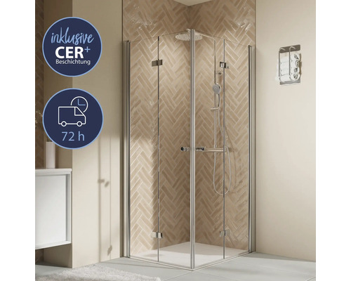 Eckeinstieg mit Drehfalttür BREUER Elana 2.0 Express Q72 100 x 100 x 200 cm Profil chrom Klarglas schmutzabweisende Glasbeschichtung Puffergriff Eckdusche mit Glaswänden und Armaturen im Badezimmer